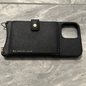 Bandolier iPhone 12/12 Pro, black leather w gold. Used, good condt. NO strap.